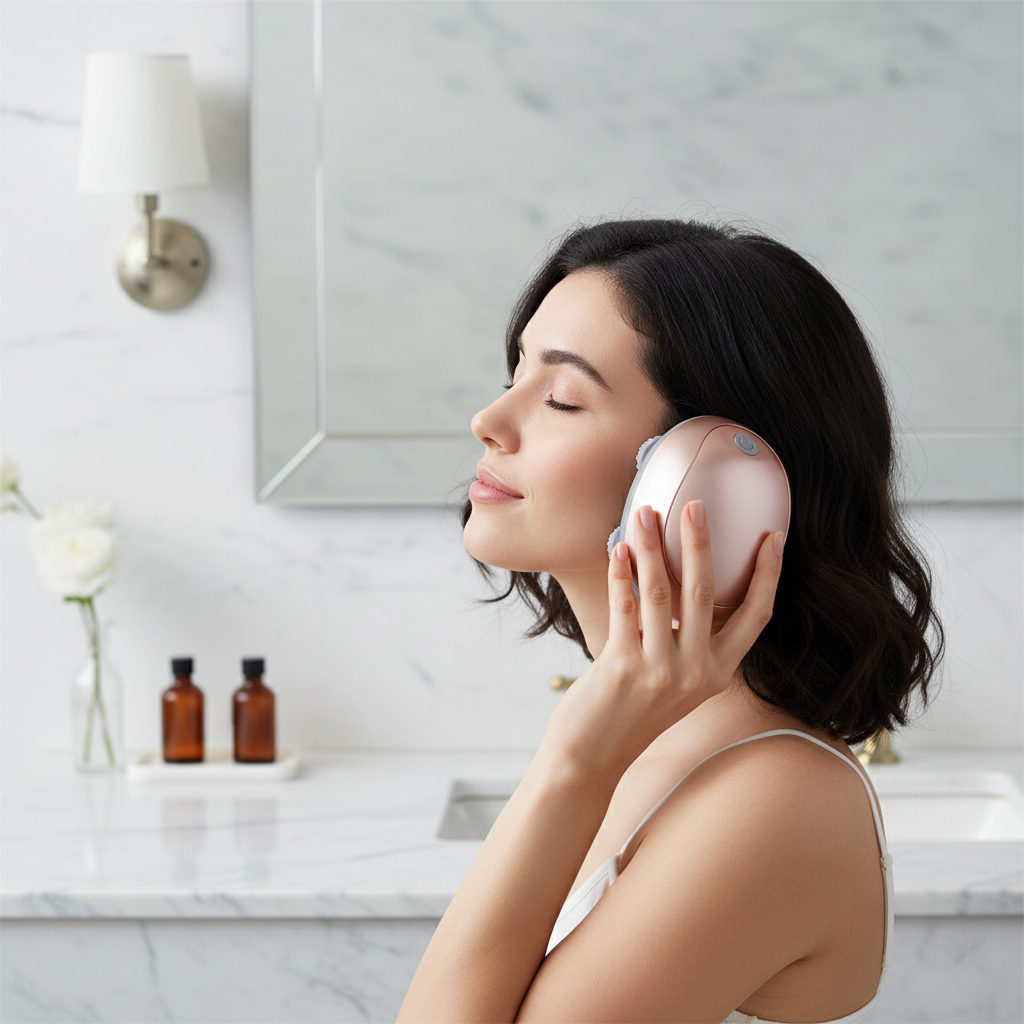 Masseur électrique rose métallisé utilisé sur le côté du cuir chevelu dans une salle de bain