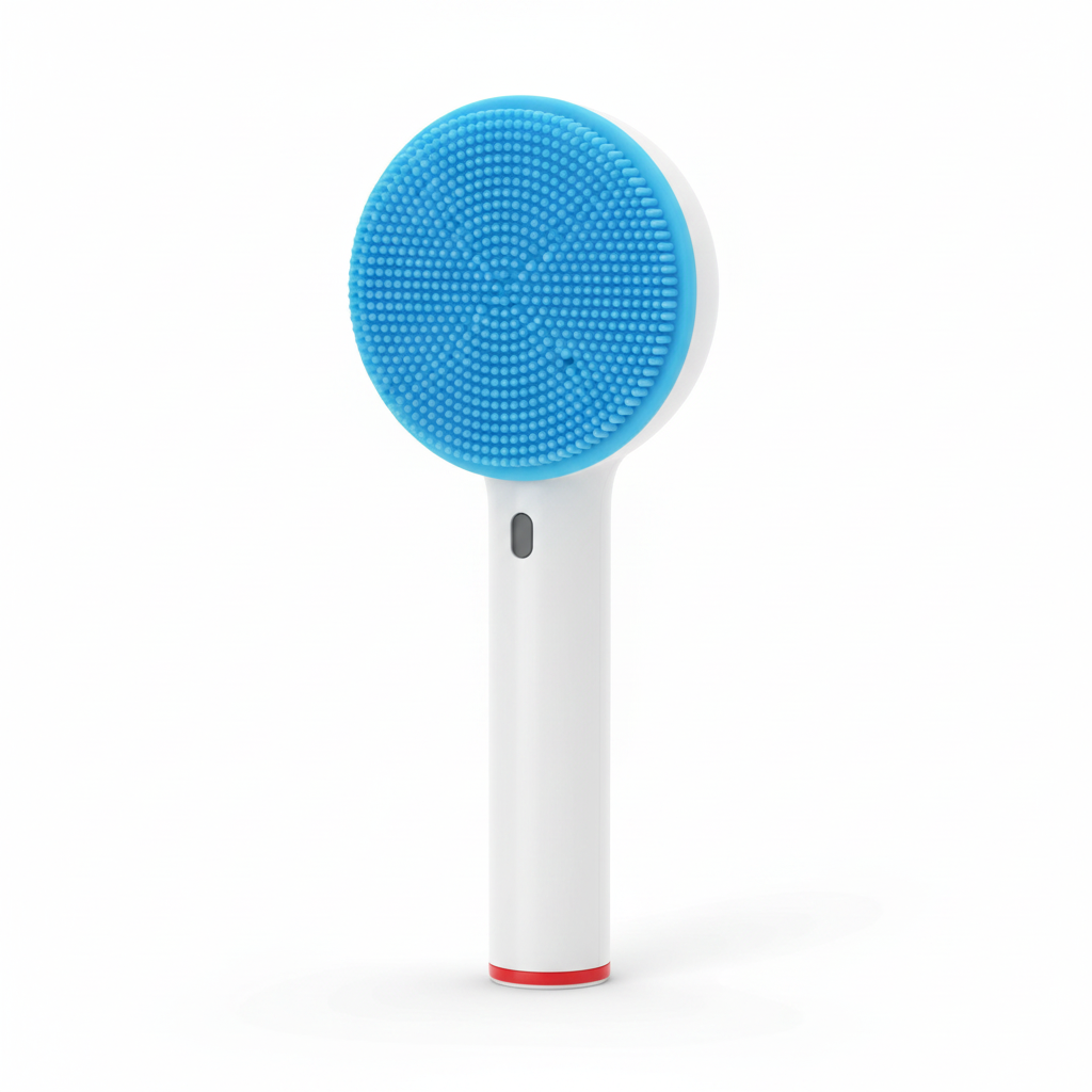 Brosse nettoyante visage à tête ronde bleue en silicone et manche blanc sur fond blanc
