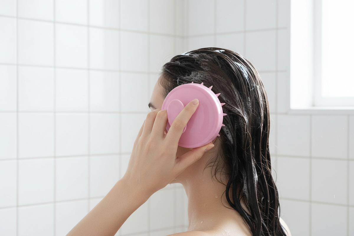 Vue arrière d’une femme utilisant une brosse ronde rose en silicone pendant le shampoing