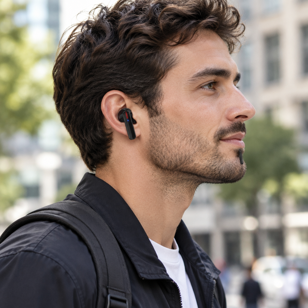 Homme portant les écouteurs Bluetooth TWS noirs en extérieur