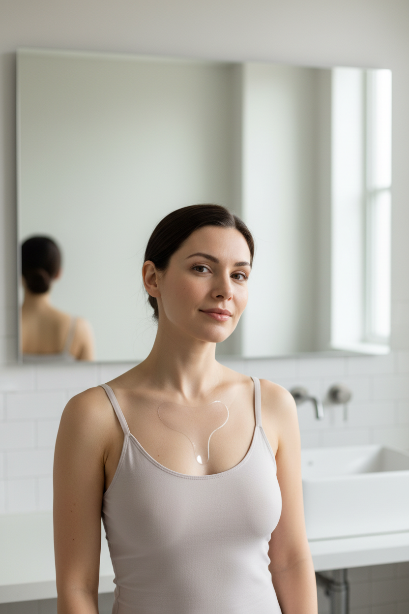 Femme portant un patch silicone transparent réutilisable sur le haut de la poitrine