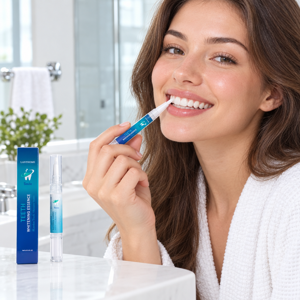 Femme appliquant le stylo blanchissant dentaire