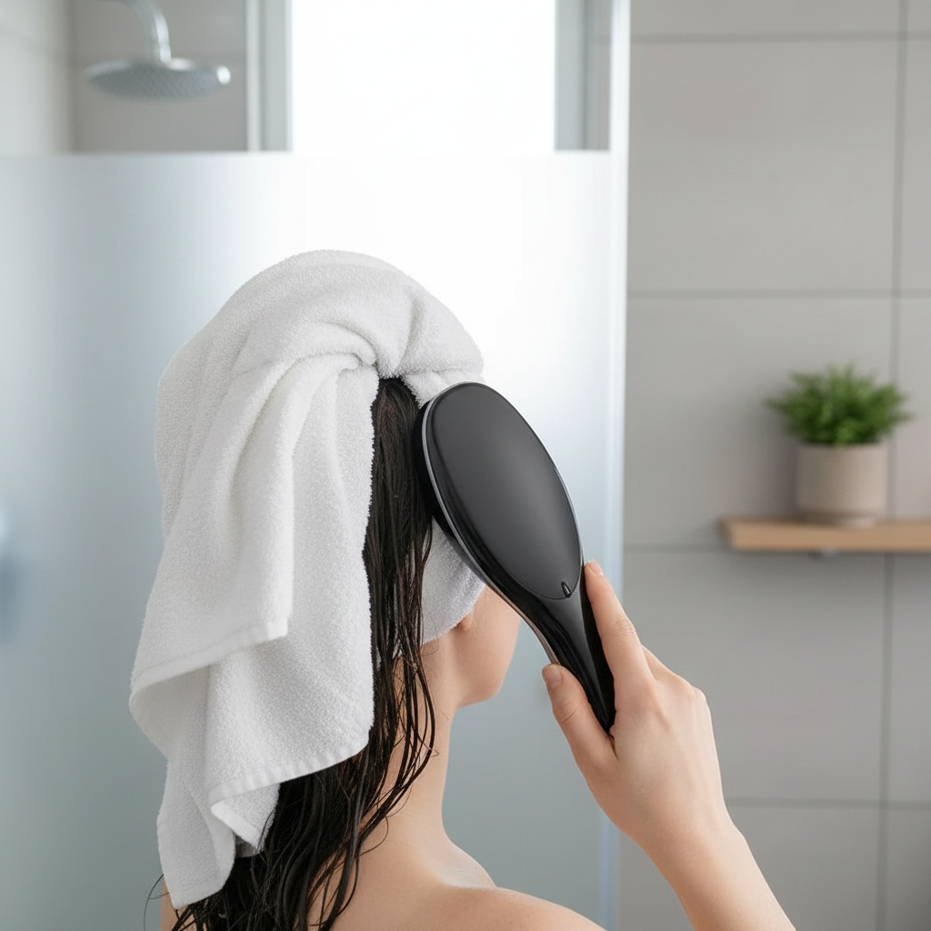 Peigne masseur noir utilisé avec sa face arrière entièrement noire visible