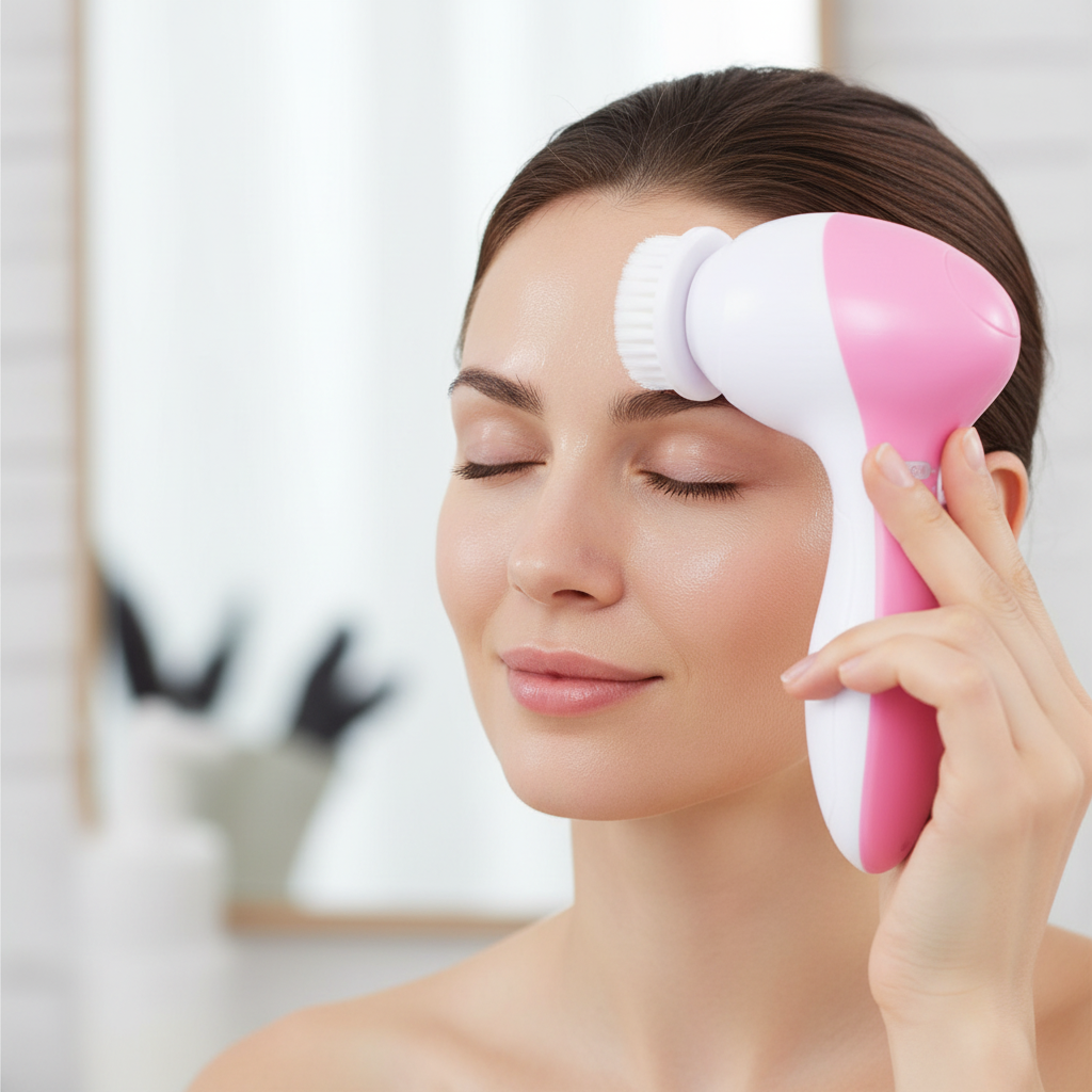 Gros plan d’une femme utilisant une brosse nettoyante visage rose et blanche sur son front
