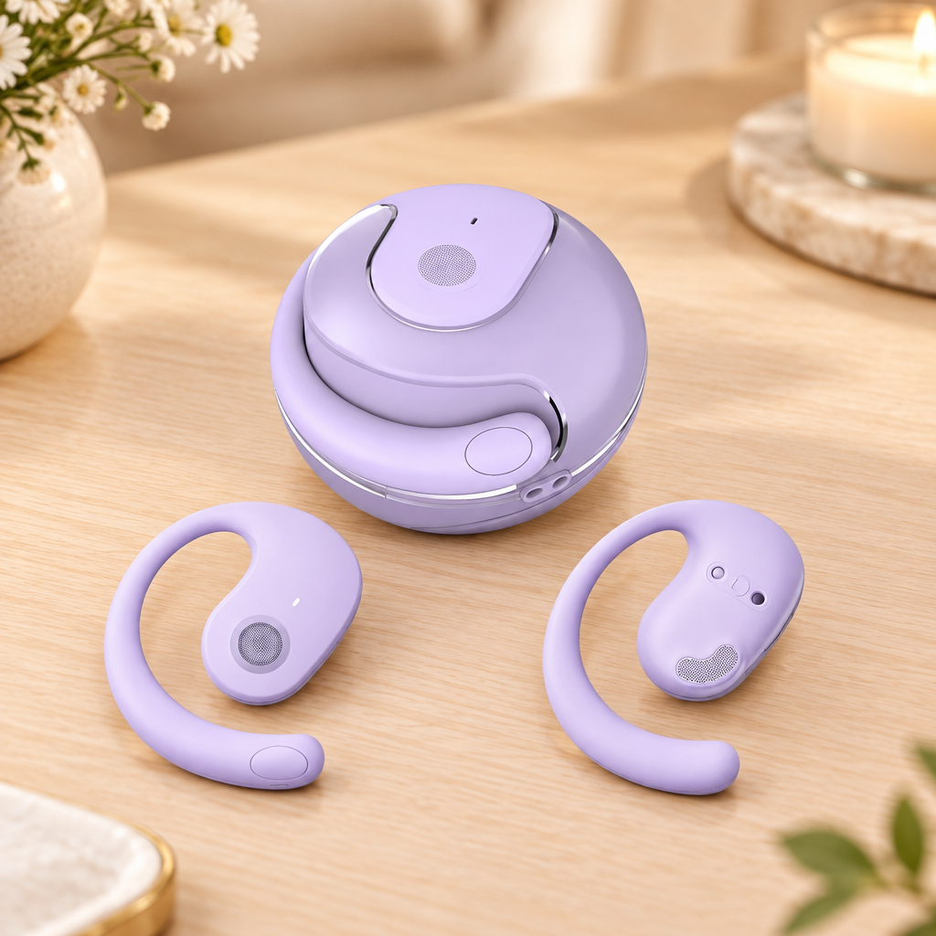 Écouteurs Bluetooth lavande et boîtier posés seuls dans un décor élégant