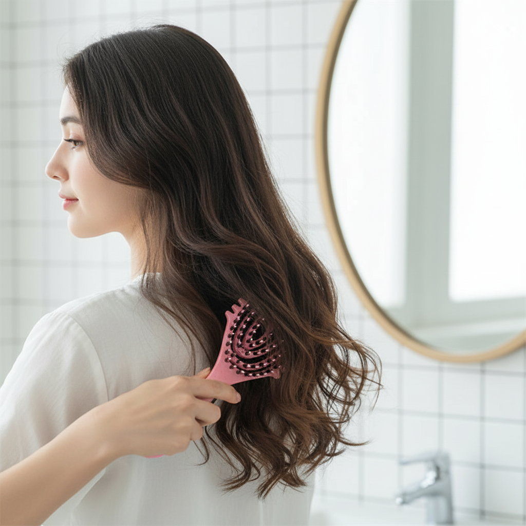 Femme démêlant ses cheveux bouclés avec la brosse ajourée rose