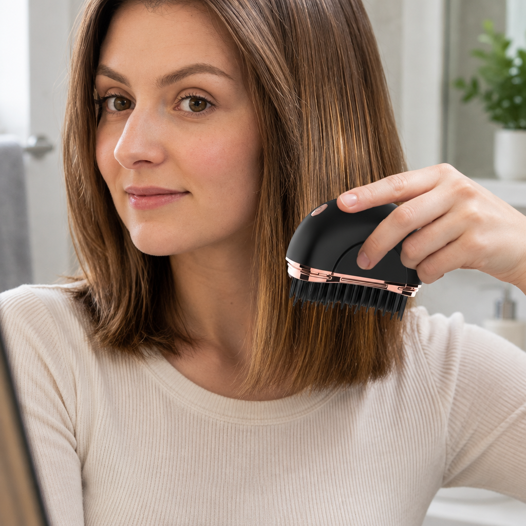 Jeune adulte d’environ 20 ans passant la brosse lissante noire et rose gold dans ses cheveux