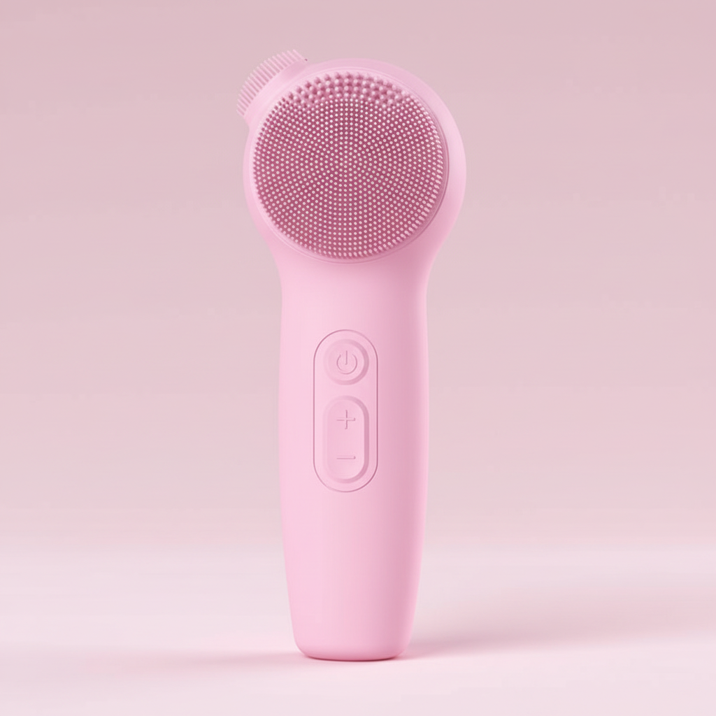 Brosse nettoyante visage rose multifonction seule sur un fond rose pastel