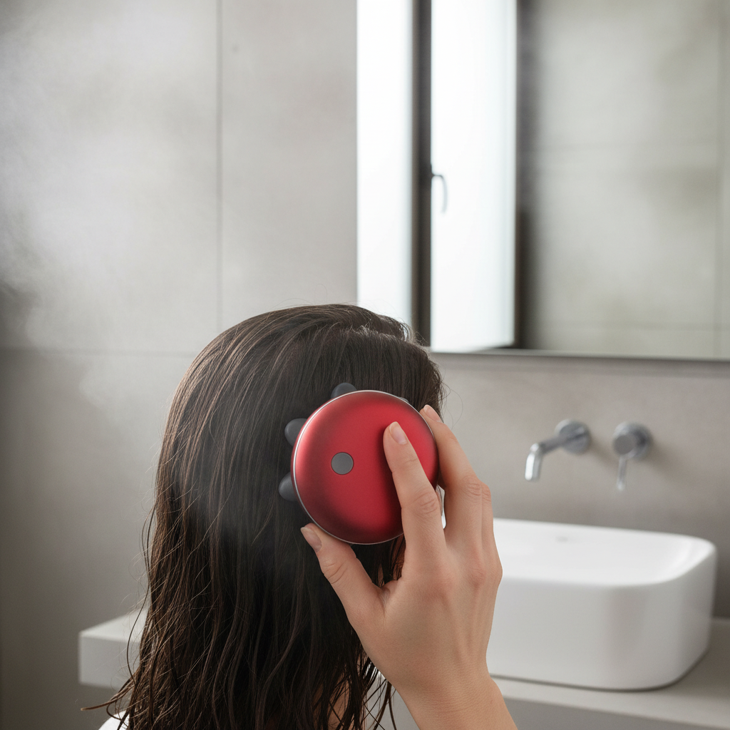 Masseur électrique rouge utilisé à l’arrière de la tête dans une salle de bain