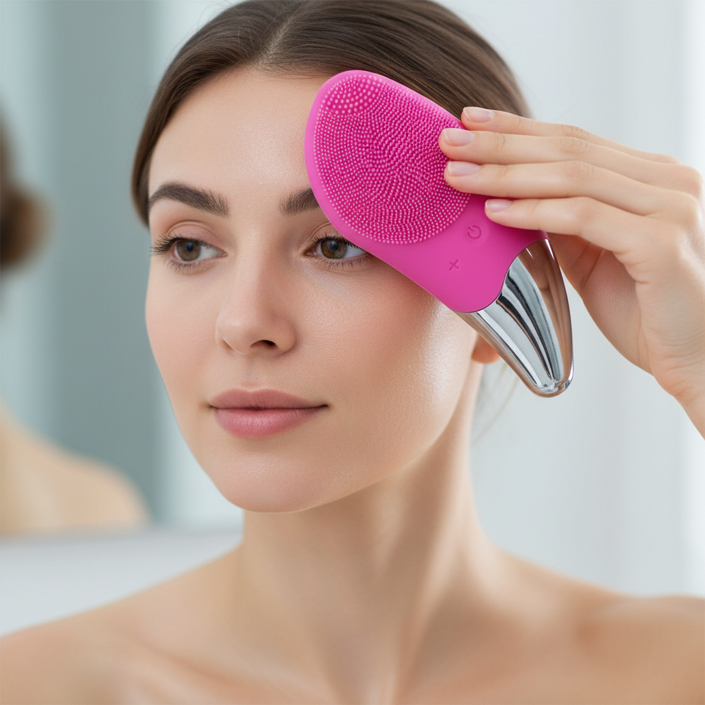 Gros plan d’une femme utilisant une brosse nettoyante visage fuchsia sur son front