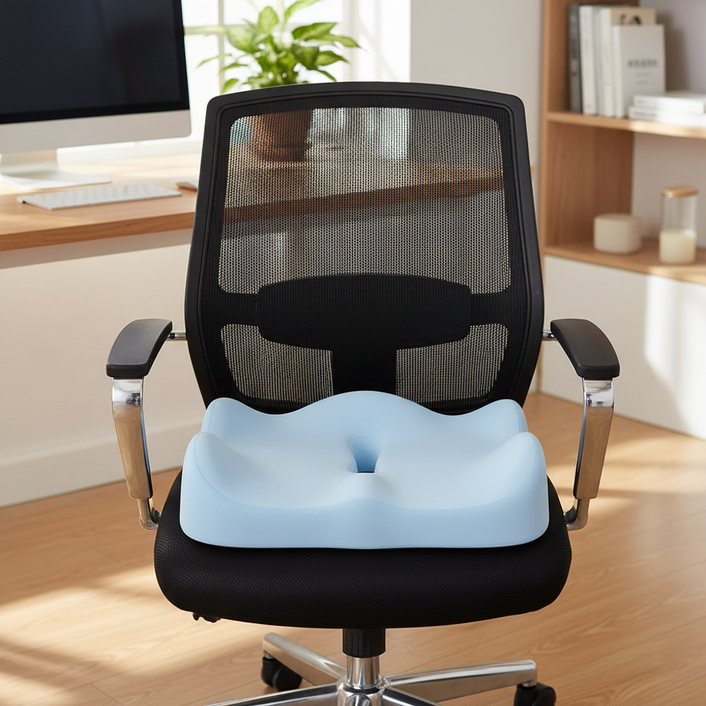 Coussin d’assise ergonomique bleu clair installé sur une chaise de bureau, vue du dessus