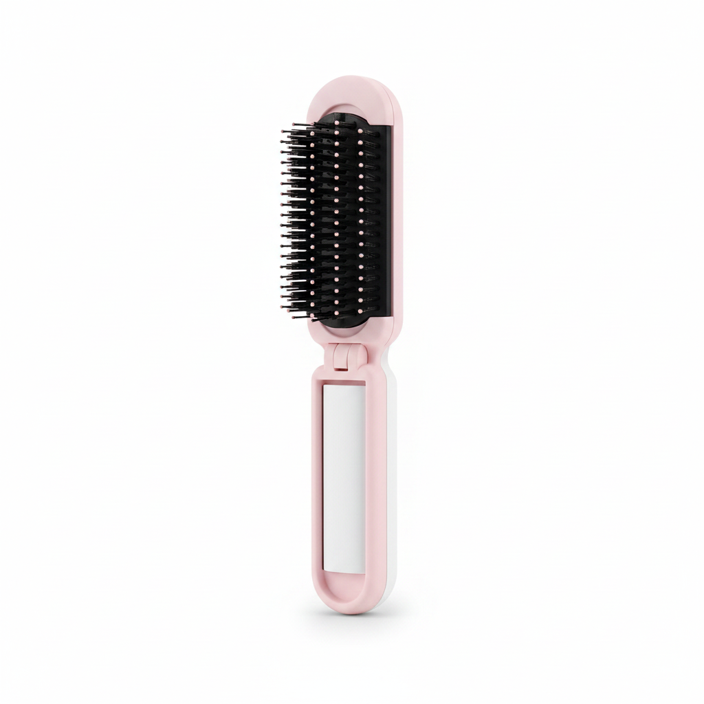 Peigne pliable rose avec miroir intégré et picots noirs sur fond blanc