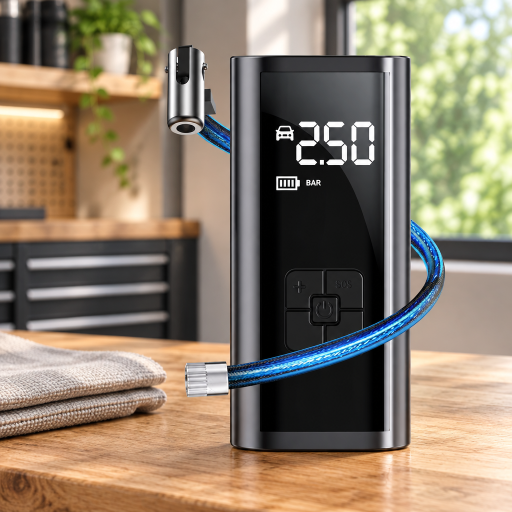 Mini compresseur d’air noir et argent avec tuyau bleu, présenté sur un établi dans un garage lumineux.