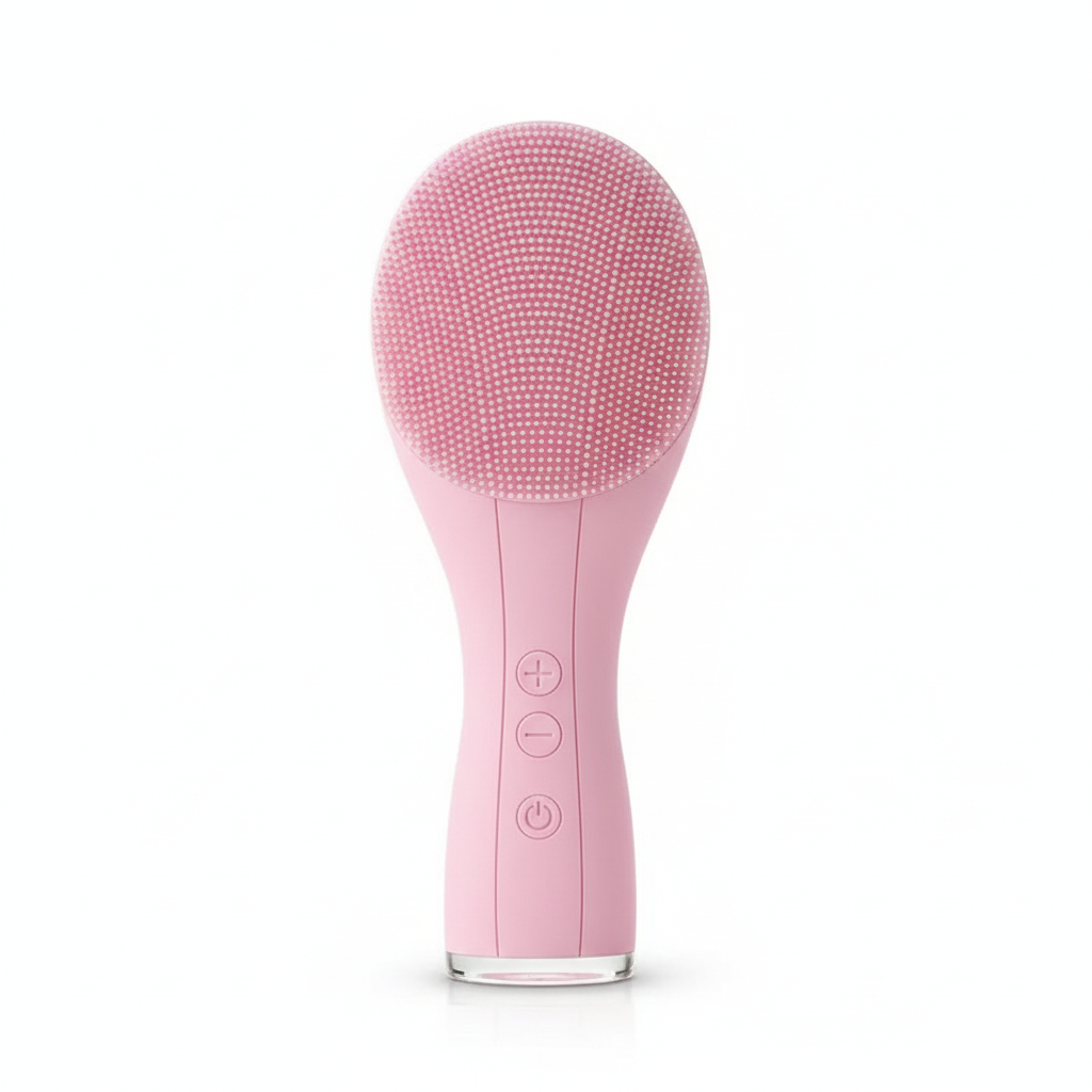 Grande brosse nettoyante électrique rose en silicone présentée sur fond blanc