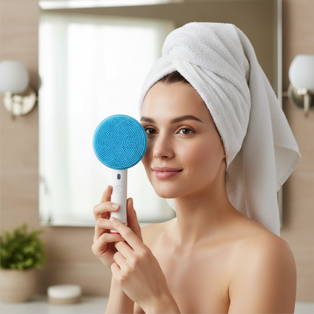 Femme présentant une brosse nettoyante visage à tête ronde bleue et manche blanc
