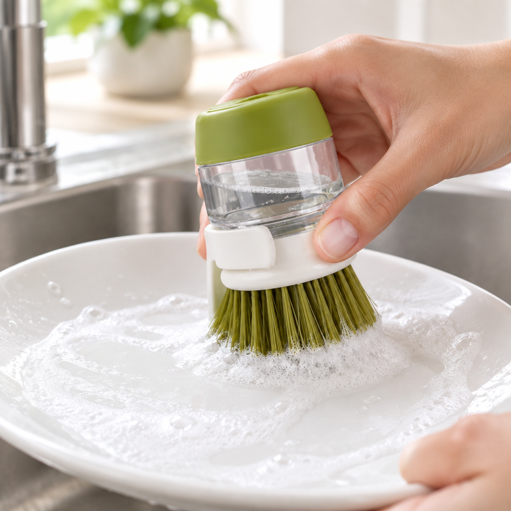 Brosse à vaisselle vert clair avec bouchon supérieur en place, utilisée directement sur une assiette sans le socle de rangement