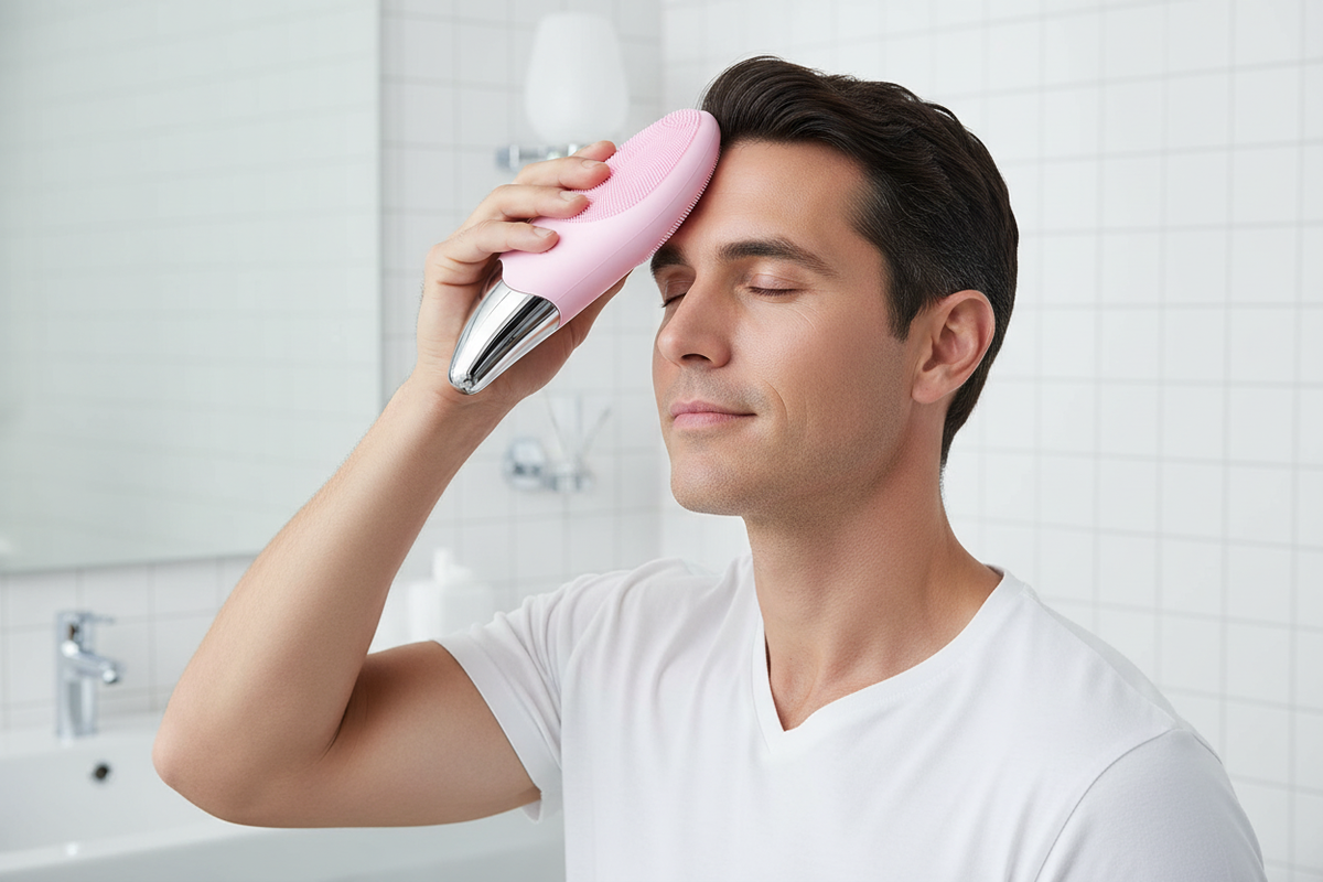 Homme utilisant la brosse nettoyante visage rose avec base argentée sur le front