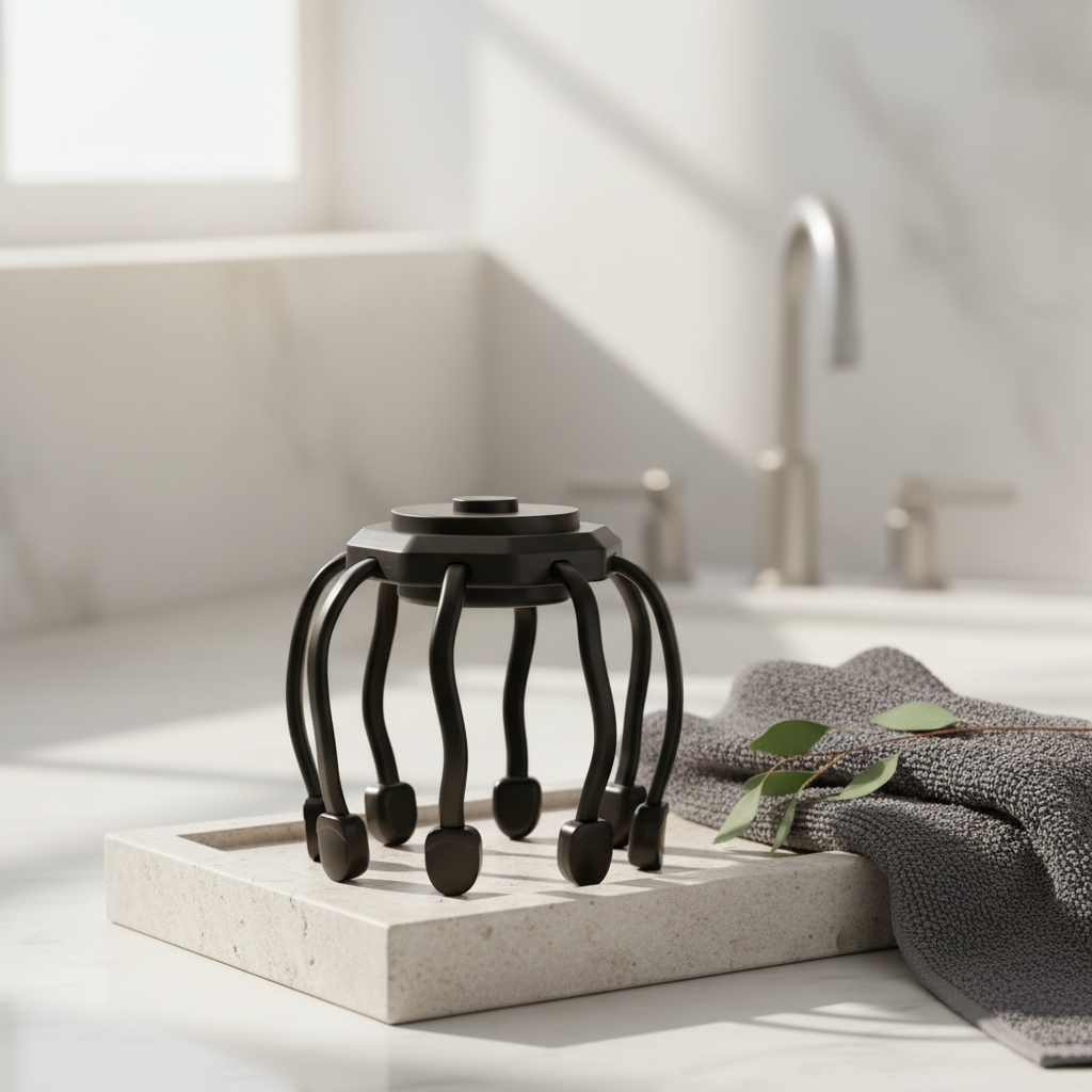 Masseur noir à huit bras flexibles présenté seul dans un décor spa avec serviette