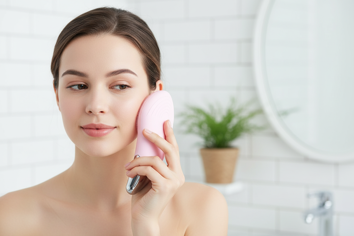 Femme utilisant la brosse nettoyante visage rose avec base argentée sur la joue