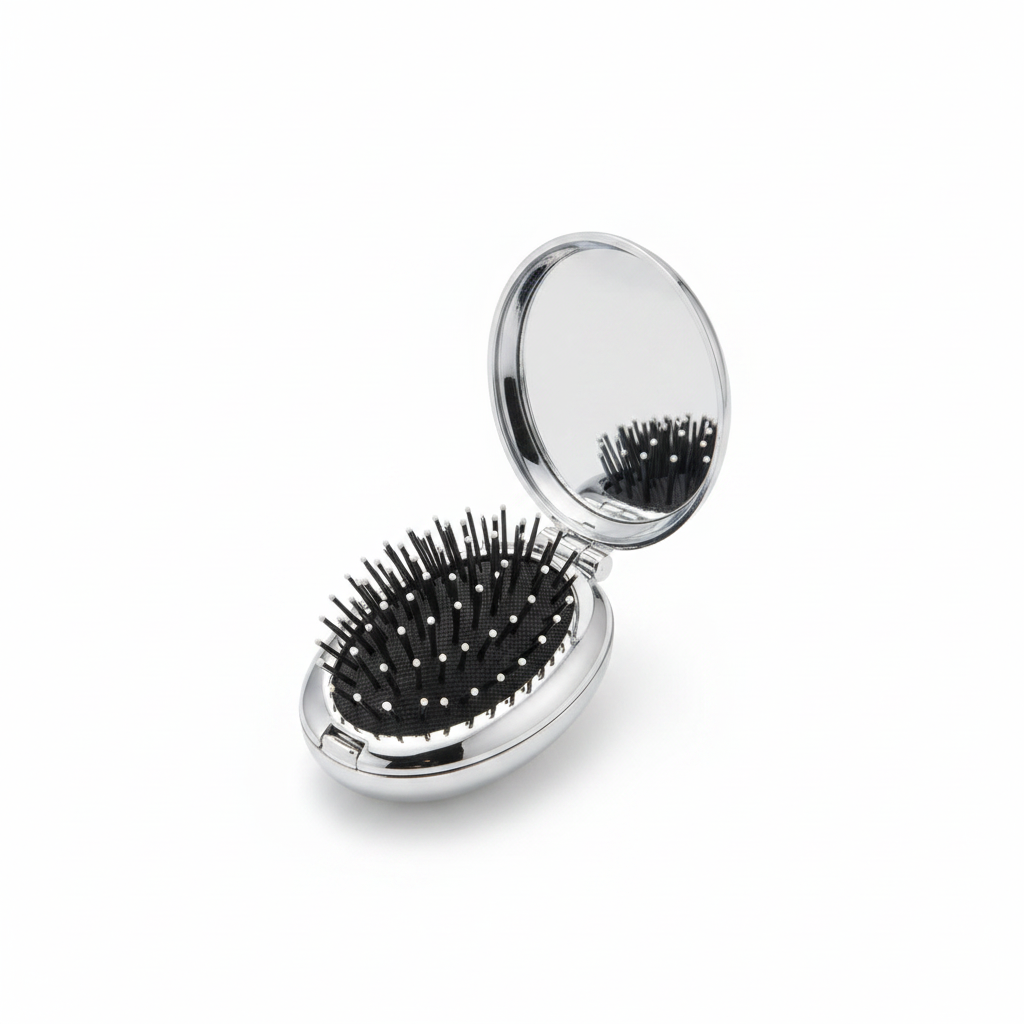 Brosse pliable argentée ouverte, avec miroir et picots noirs visibles sur fond blanc