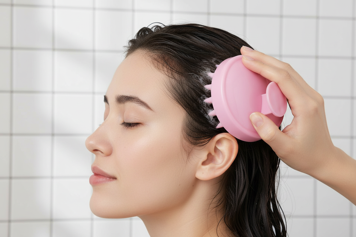 Vue de profil d’une femme utilisant une brosse ronde rose en silicone sur le cuir chevelu