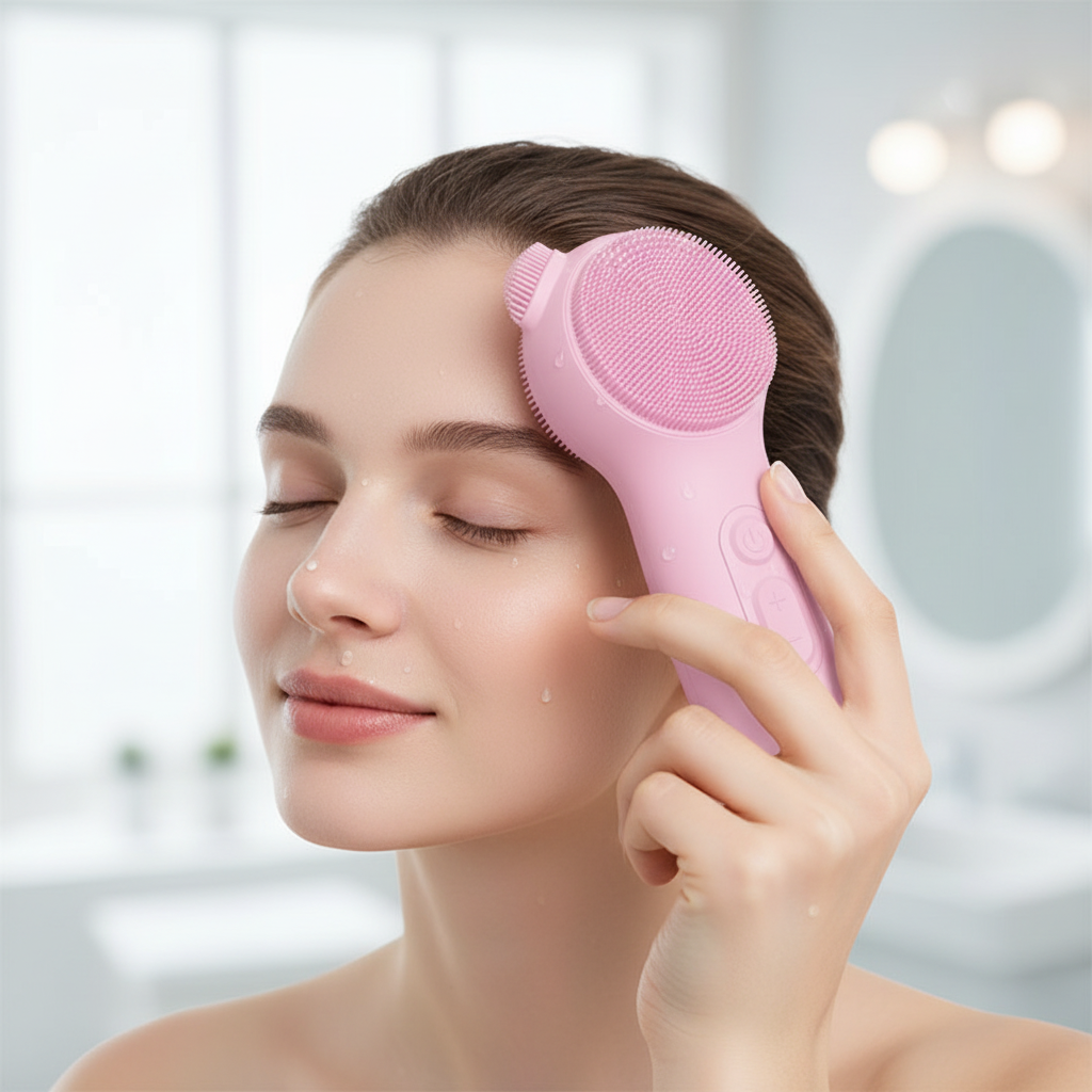 Femme utilisant sur son front la face rose en silicone d’une brosse nettoyante visage