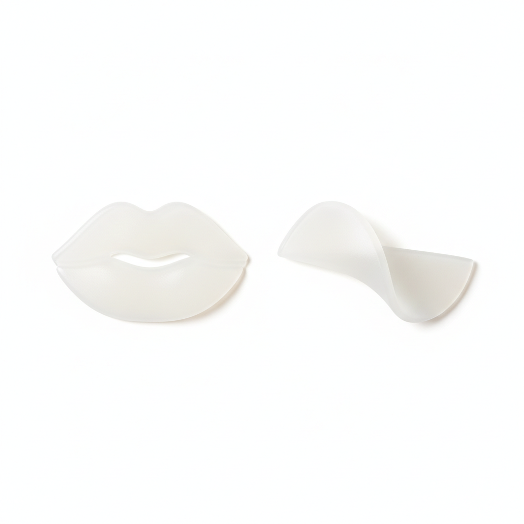 Deux patchs en silicone blanc semi-transparent pour les ridules autour des lèvres, présentés sur fond clair
