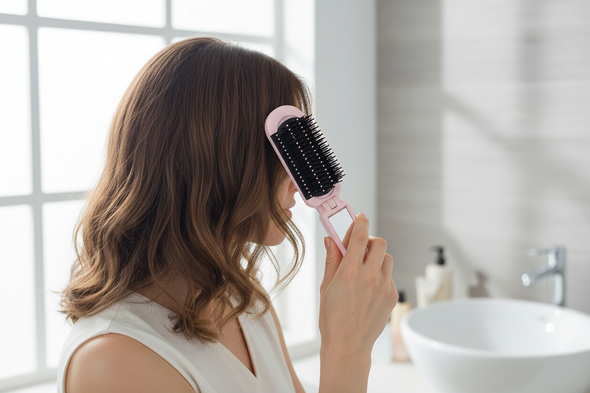 Femme utilisant le peigne pliable rose avec miroir intégré pour brosser ses cheveux