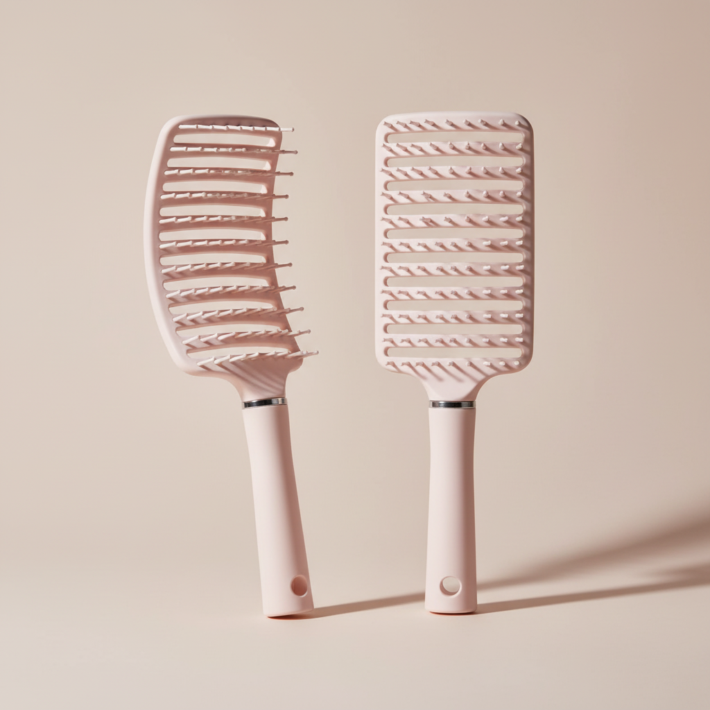 Set de peignes et brosses ventilés blancs et roses présenté sur un fond rose poudré