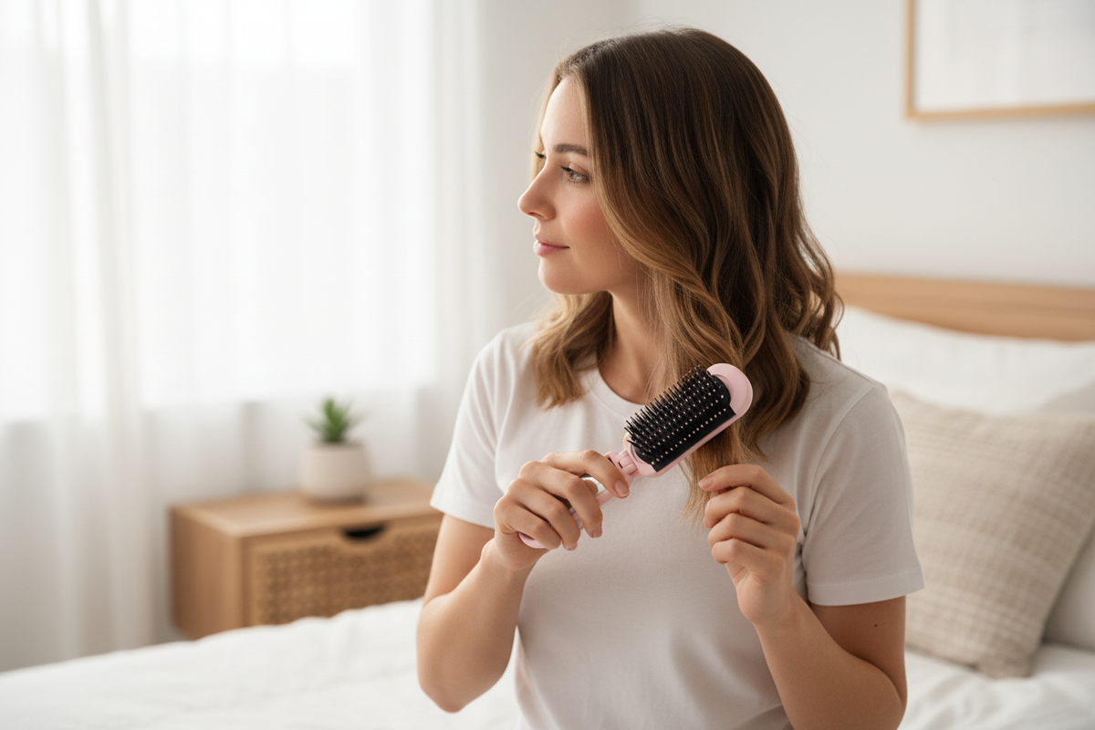 Femme utilisant un peigne pliable rose pour lisser les pointes de ses cheveux