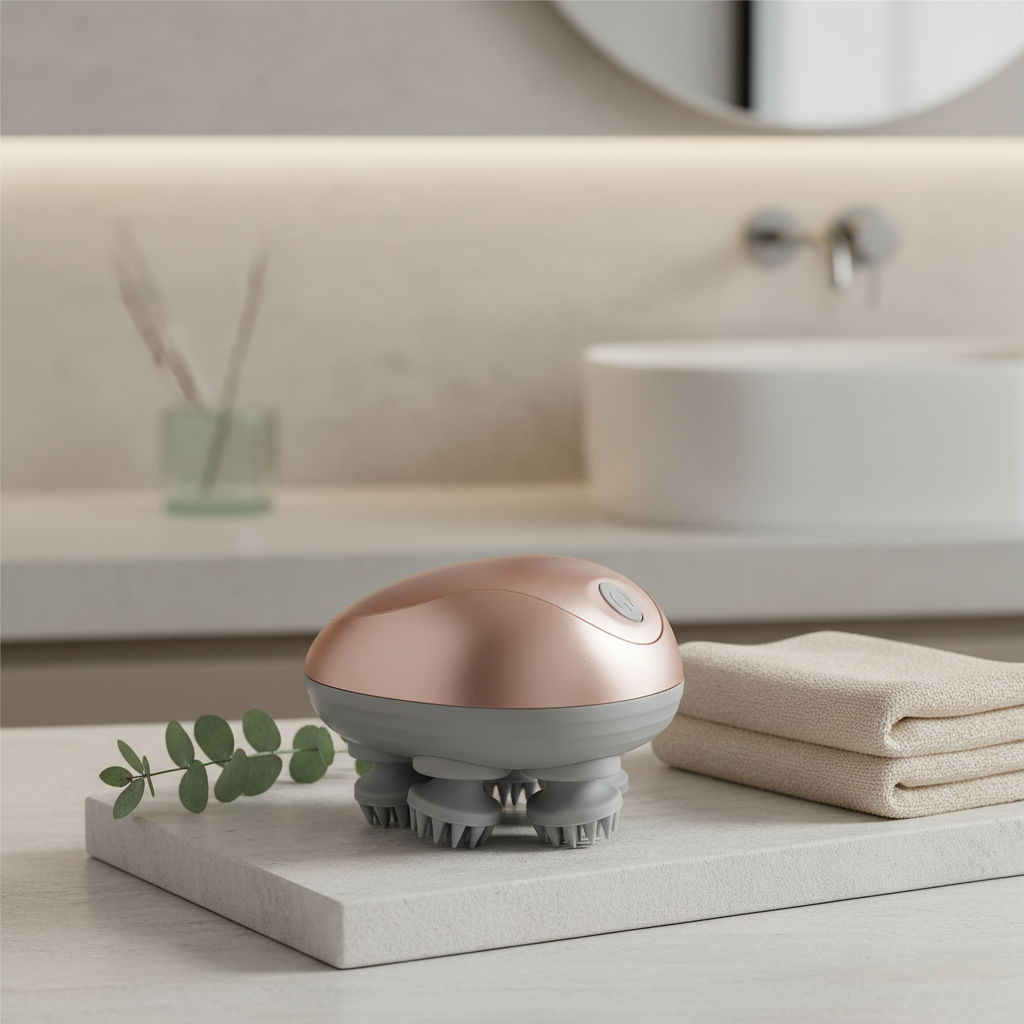 Masseur électrique rose métallisé présenté seul dans un décor spa avec serviettes et eucalyptus