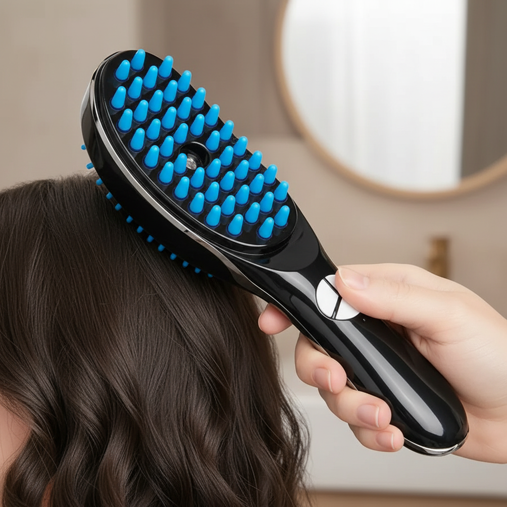 Vue rapprochée du même peigne avec une face à picots bleus et un dos noir uni
