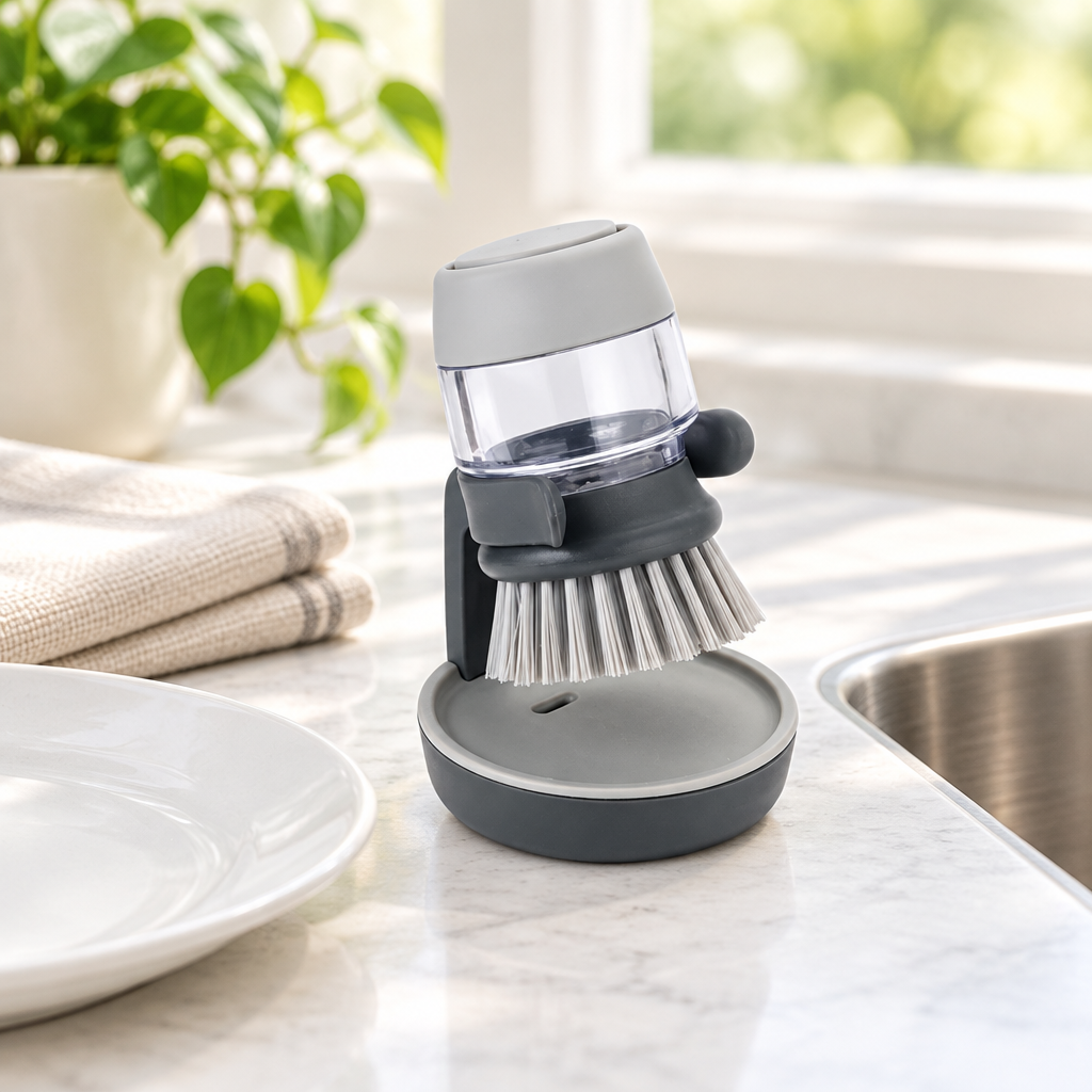 Brosse à vaisselle grise avec distributeur de liquide vaisselle et socle, posée près d’un évier dans une cuisine lumineuse