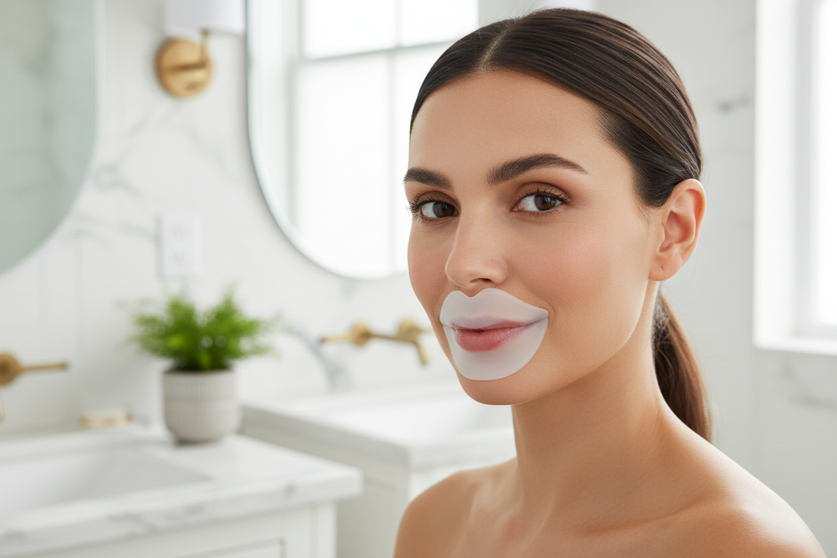 Personne portant un patch en silicone blanc semi-transparent autour des lèvres dans une salle de bain lumineuse