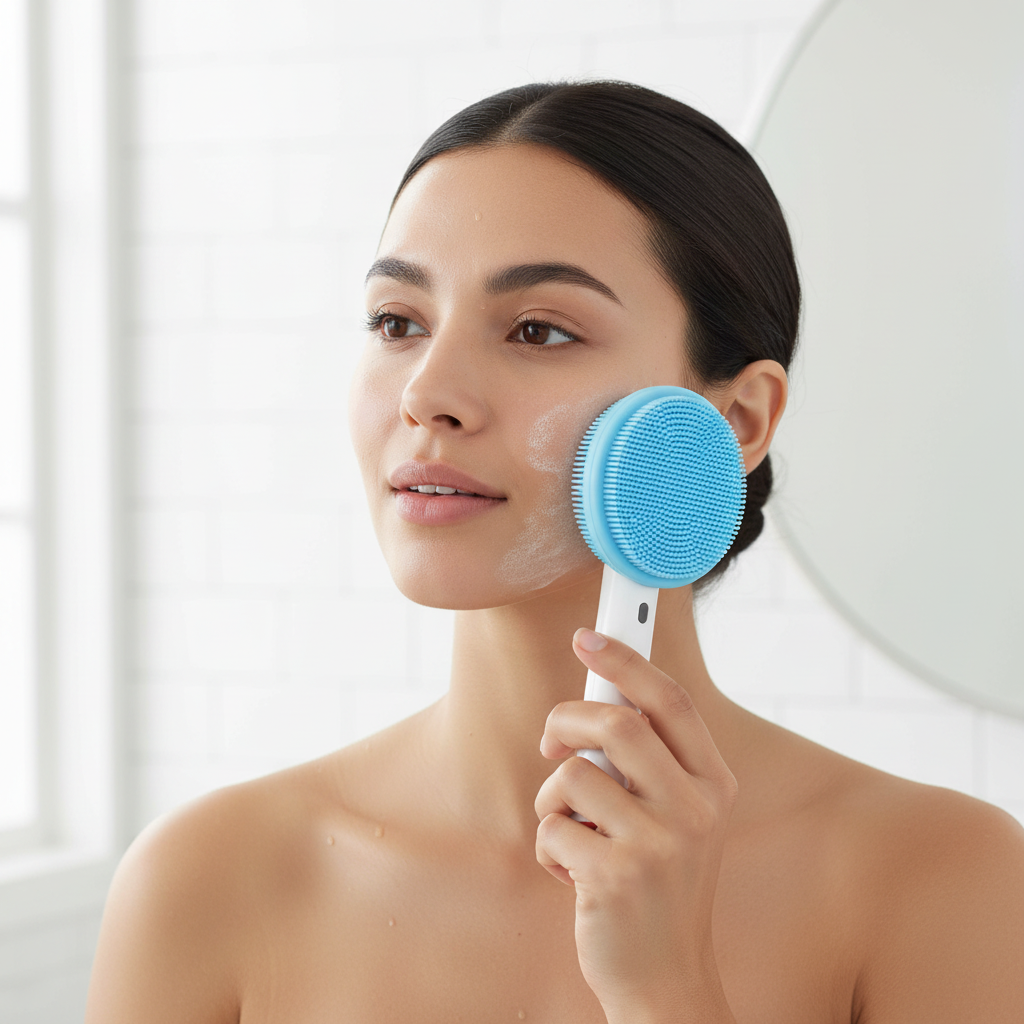 Femme utilisant une brosse nettoyante visage ronde bleue en silicone sur sa joue