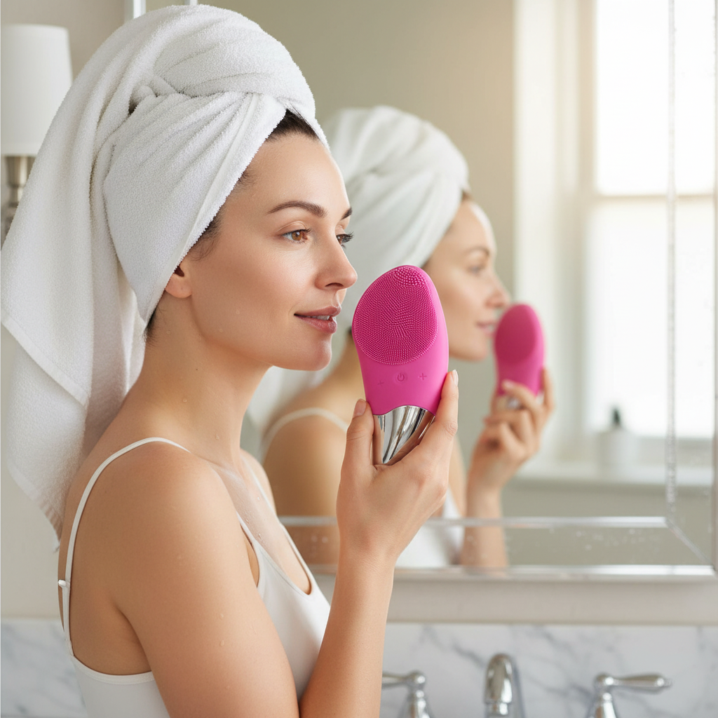 Femme tenant une brosse nettoyante visage fuchsia à base chromée devant un miroir