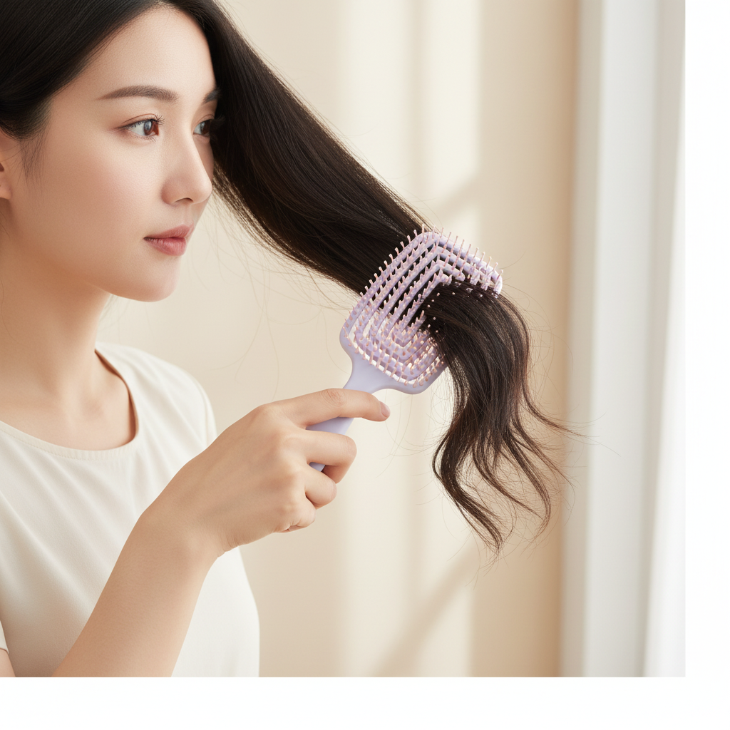 Personne utilisant le peigne démêlant violet et rose de profil
