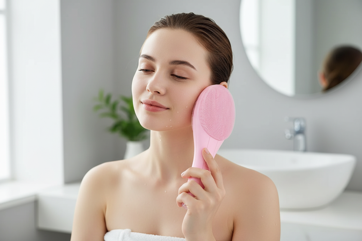 Personne utilisant la grande brosse nettoyante électrique rose ovale en silicone sur la joue