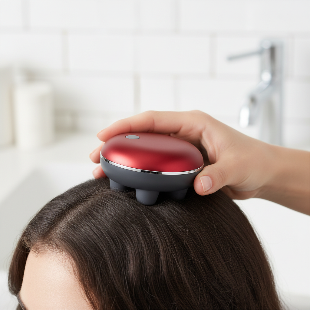 Gros plan sur le masseur électrique rouge utilisé sur le cuir chevelu