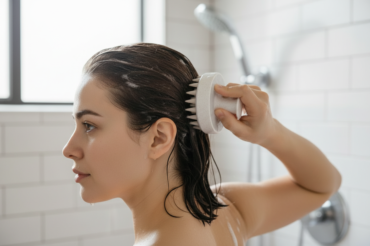 Vue de profil d’une femme utilisant une brosse blanche en silicone sur le cuir chevelu