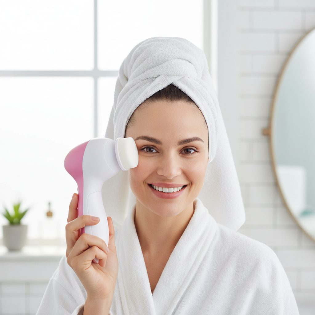 Femme présentant une brosse nettoyante visage électrique rose et blanche dans une salle de bain