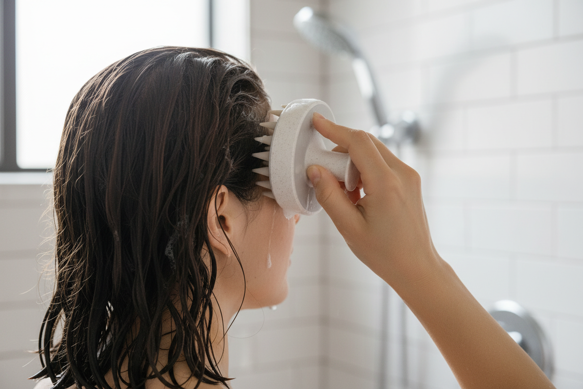 Femme utilisant une brosse blanche en silicone sur le cuir chevelu pendant le shampoing