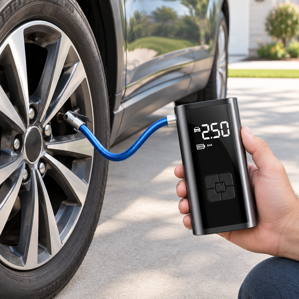 Mini compresseur d’air portable utilisé pour gonfler un pneu de voiture, tuyau bleu raccordé à la valve.