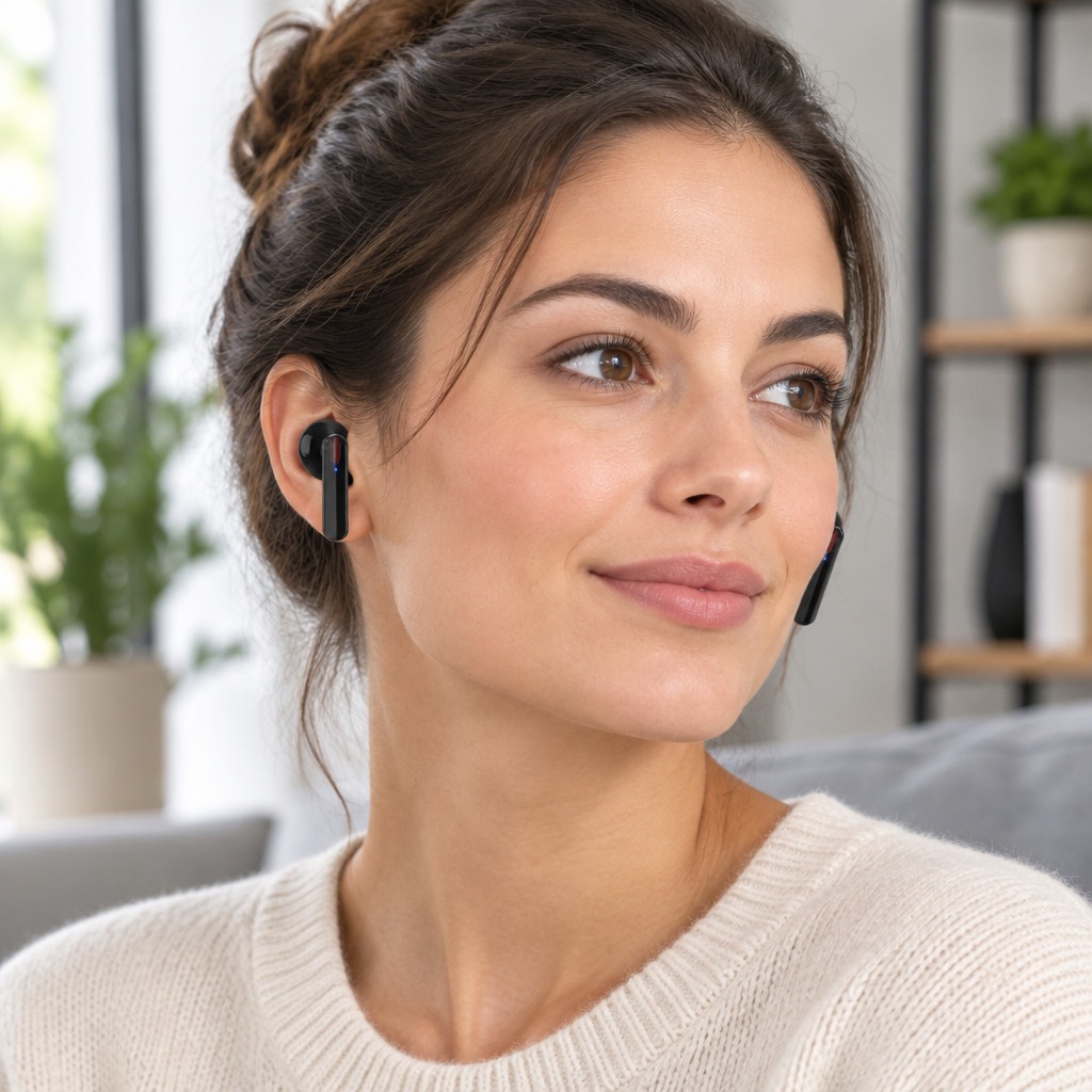 Femme portant les écouteurs Bluetooth TWS noirs