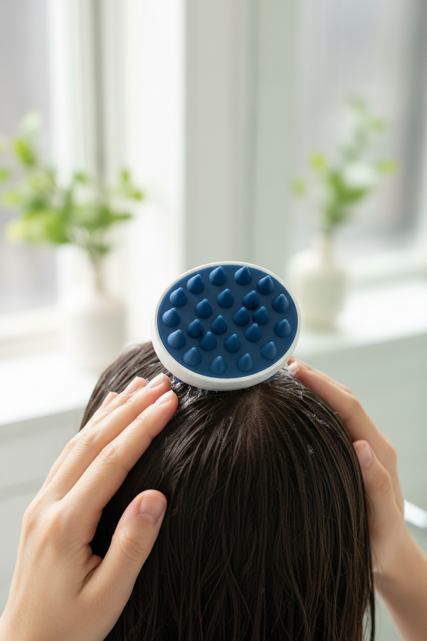 Blue shampoo brush with silicone bristles