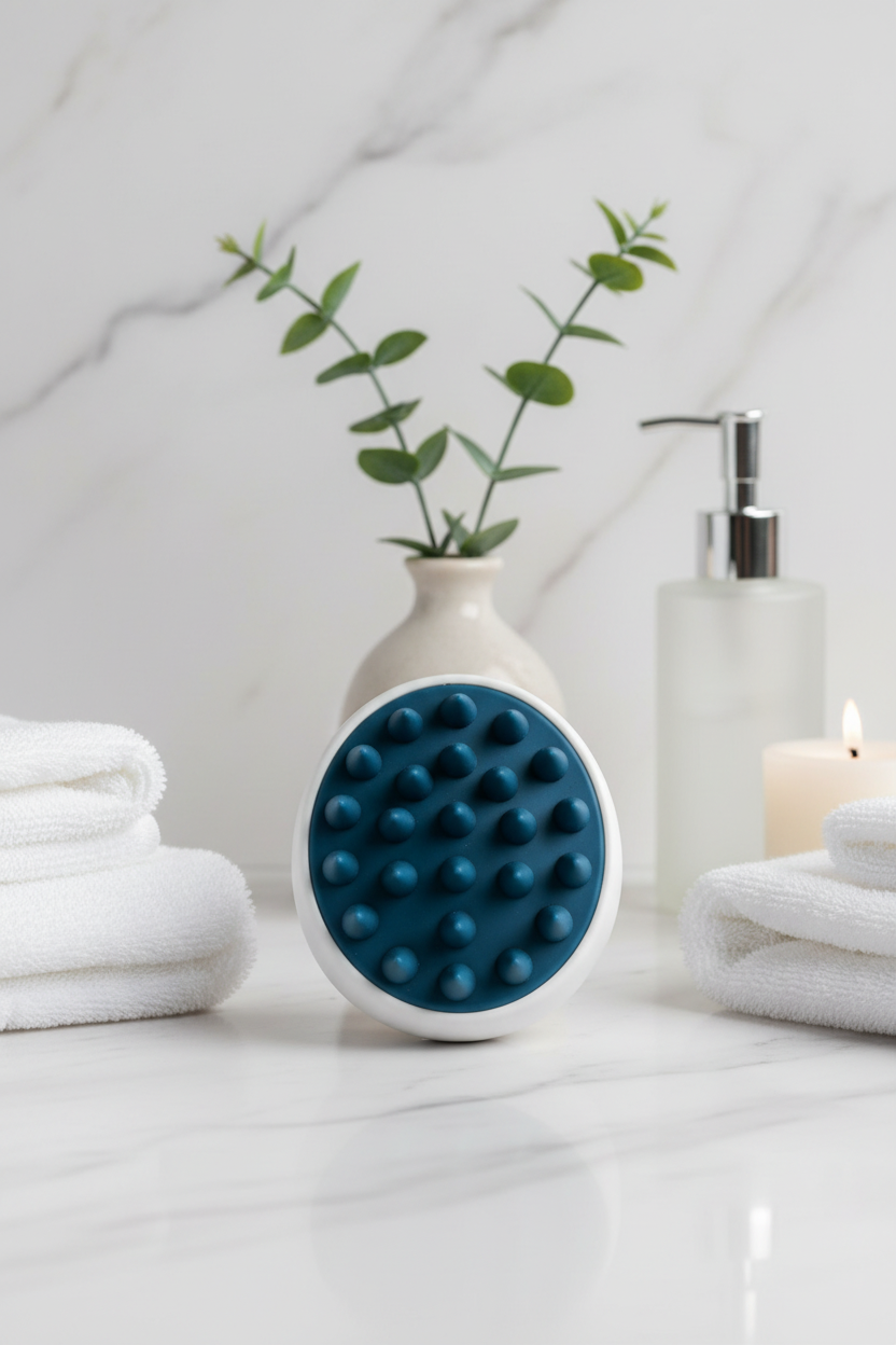 Blue shampoo brush with silicone bristles