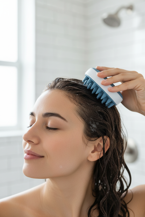 Blue shampoo brush with silicone bristles