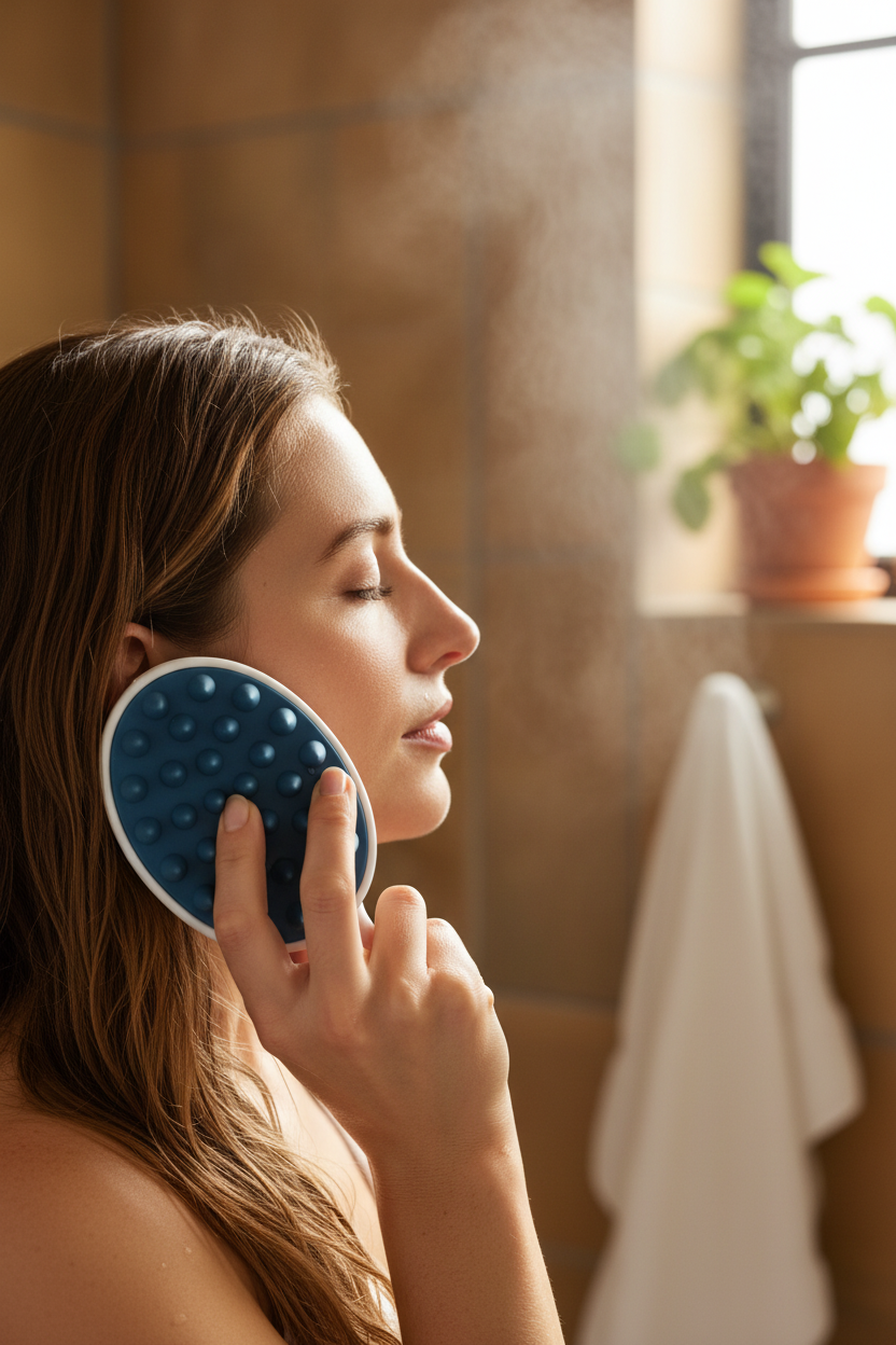 Blue shampoo brush with silicone bristles