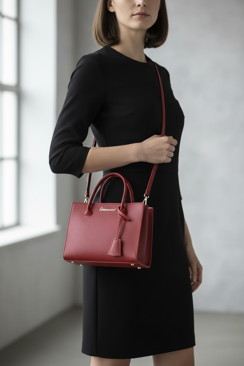 Burgundy red leather mini bag with double handle
