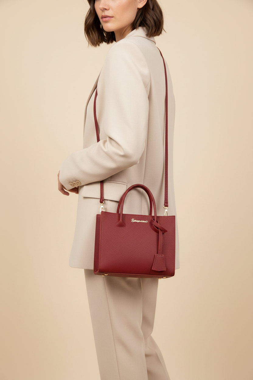 Burgundy red leather mini bag with double handle